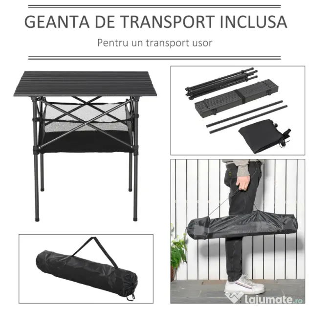 Outsunny Masă de Camping Pliabilă, Ușor de Transportat, Include Geantă de Călătorie, 70x70x69cm, Negru | Aosom Romania