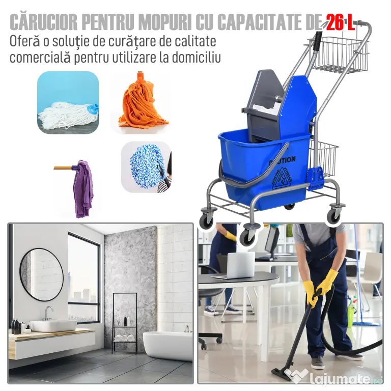 HOMCOM Cărucior Profesional de Curățenie cu Găleată, Storcător, 2 Coșuri și Mâner, 73x45x95 cm, Albastru | Aosom Romania
