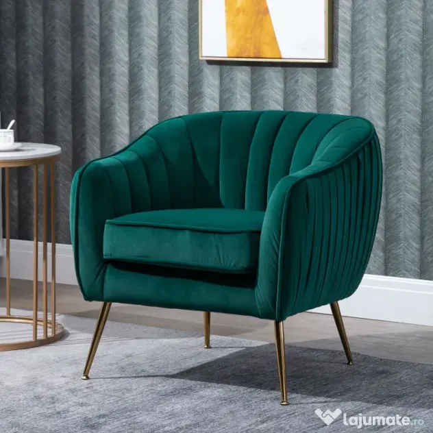 HOMCOM Fotoliu Elegant din Catifea Verde cu Picioare Metalice Aurii Confort Superior pentru Living | Aosom Romania