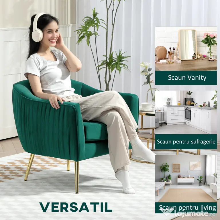 HOMCOM Fotoliu Elegant din Catifea Verde cu Picioare Metalice Aurii Confort Superior pentru Living | Aosom Romania