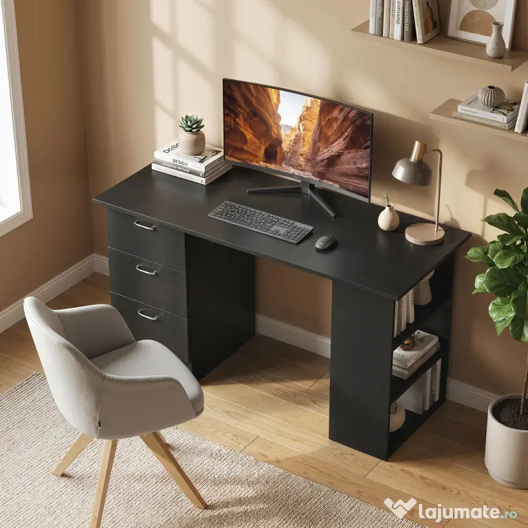 HOMCOM Birou de Calculator Modern, Masa de Lucru cu 3 Sertare și Raft pentru Depozitare, Design Elegant, Negru | Aosom Romania