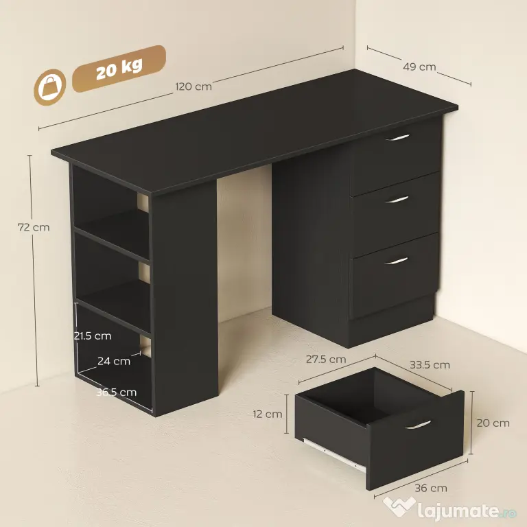 HOMCOM Birou de Calculator Modern, Masa de Lucru cu 3 Sertare și Raft pentru Depozitare, Design Elegant, Negru | Aosom Romania