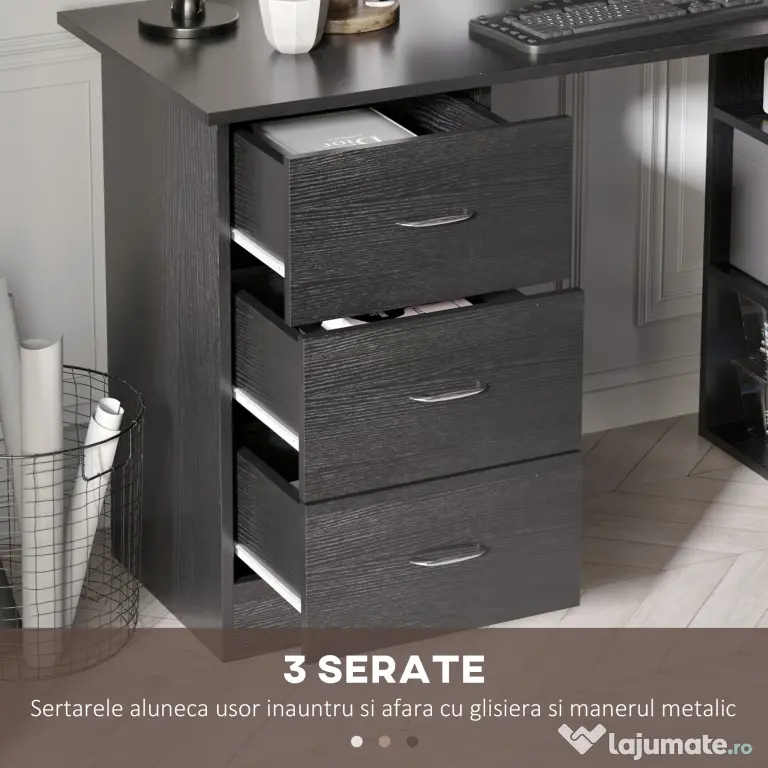 HOMCOM Birou de Calculator Modern, Masa de Lucru cu 3 Sertare și Raft pentru Depozitare, Design Elegant, Negru | Aosom Romania