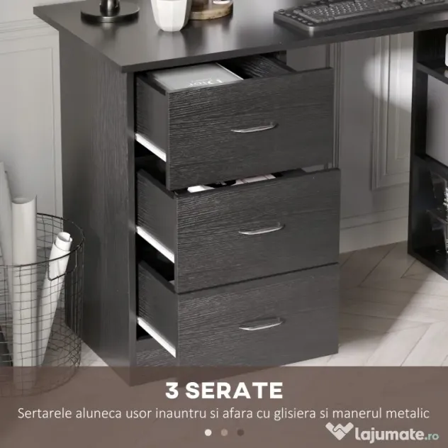 HOMCOM Birou de Calculator Modern, Masa de Lucru cu 3 Sertare și Raft pentru Depozitare, Design Elegant, Negru | Aosom Romania