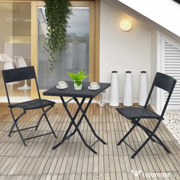 Outsunny Set Mobilier de Grădină din Poly Ratan, 3 Piese, Masă și 2 Scaune Pliabile, Rezistent la Apă și UV, Negru | Aosom Romania
