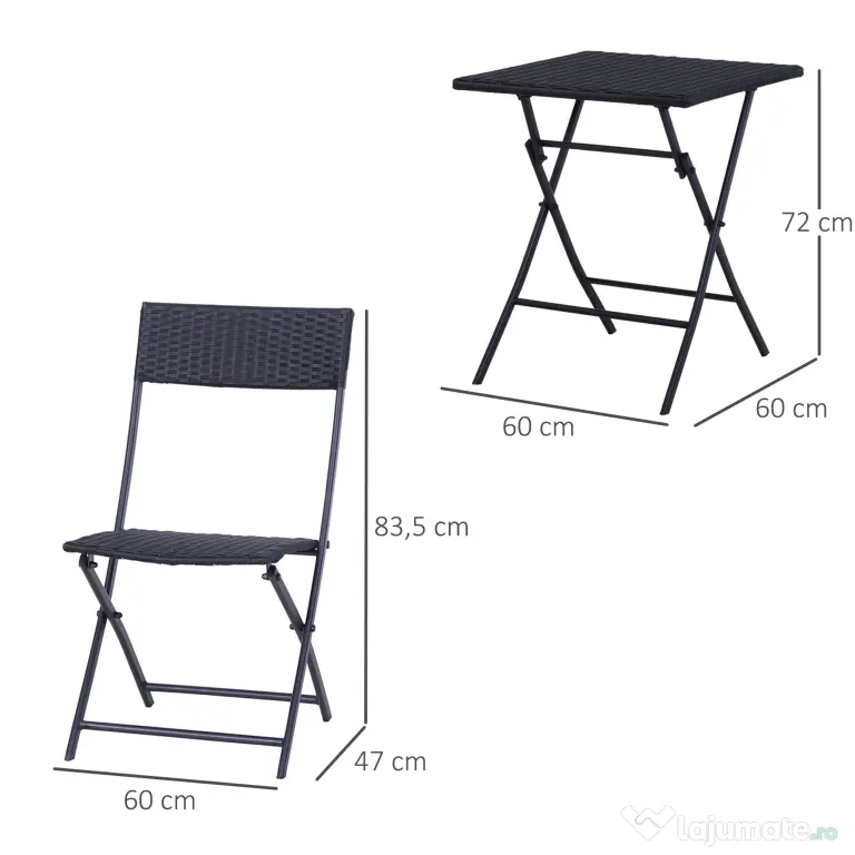 Outsunny Set Mobilier de Grădină din Poly Ratan, 3 Piese, Masă și 2 Scaune Pliabile, Rezistent la Apă și UV, Negru | Aosom Romania