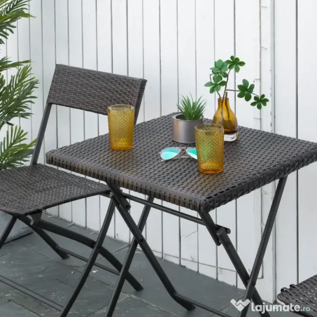 Outsunny Set Mobilier de Grădină din Poly Ratan, 3 Piese, Masă și 2 Scaune Pliabile, Rezistent la Apă și UV, Negru | Aosom Romania