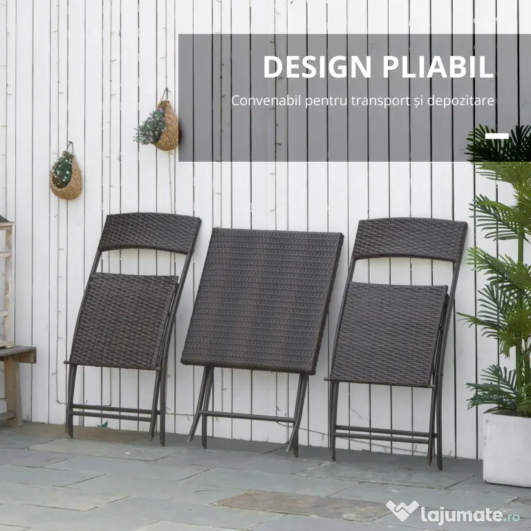 Outsunny Set Mobilier de Grădină din Poly Ratan, 3 Piese, Masă și 2 Scaune Pliabile, Rezistent la Apă și UV, Negru | Aosom Romania
