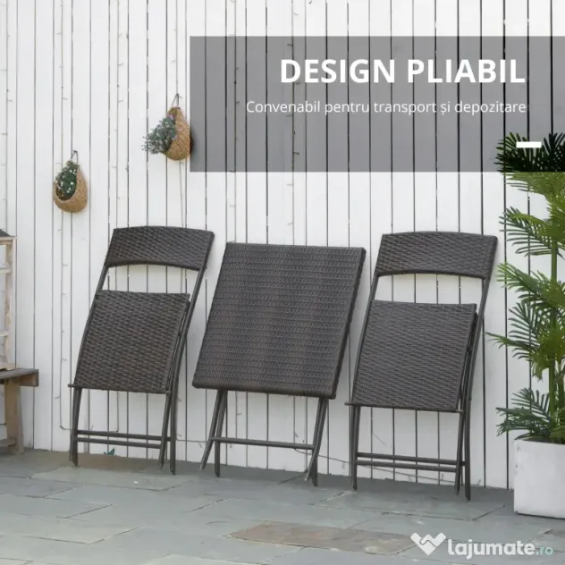 Outsunny Set Mobilier de Grădină din Poly Ratan, 3 Piese, Masă și 2 Scaune Pliabile, Rezistent la Apă și UV, Negru | Aosom Romania
