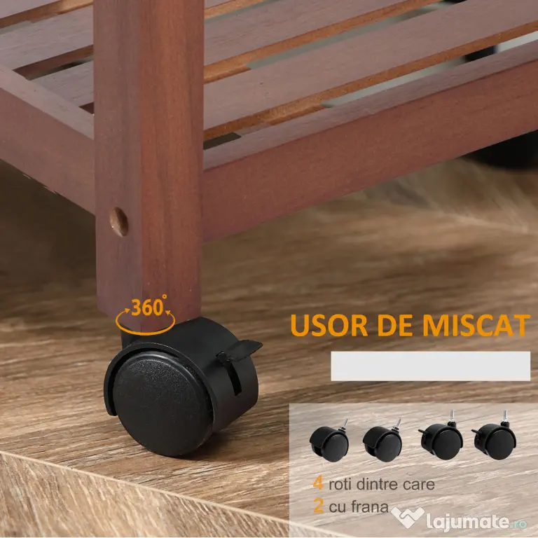 HOMCOM Cărucior de Bucătărie Multifuncțional cu 2 Sertare și 2 Coșuri, 4 Roți (2 cu Frâne), Lemn și Bambus, 81x38x85.5cm | Aosom Romania