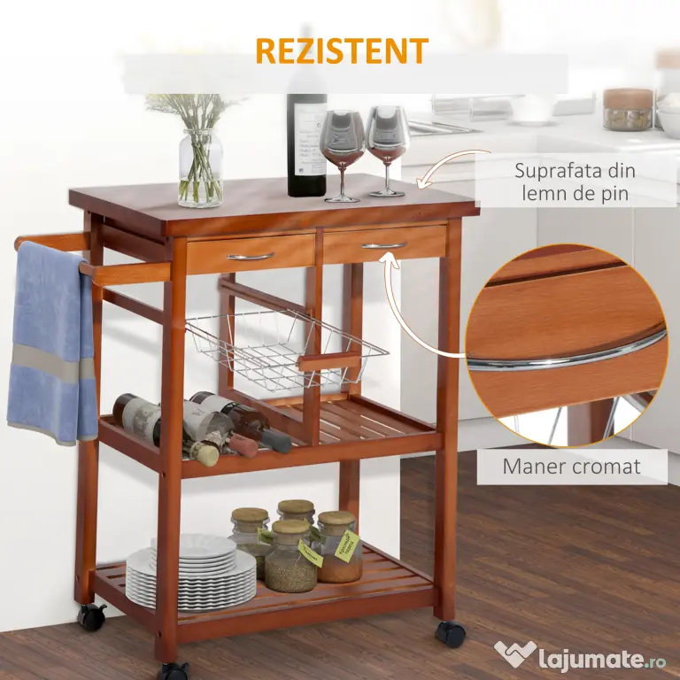 HOMCOM Cărucior de Bucătărie Multifuncțional cu 2 Sertare și 2 Coșuri, 4 Roți (2 cu Frâne), Lemn și Bambus, 81x38x85.5cm | Aosom Romania