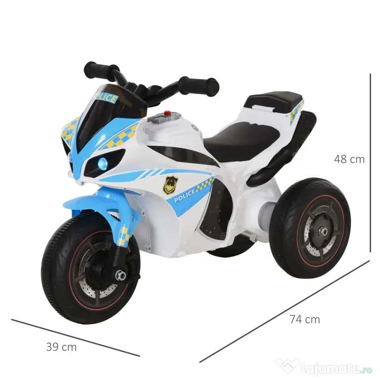 HOMCOM Motocicletă pentru Copii 18-36 Luni cu 3 Roți, Muzică și Faruri, 74x39x48 cm, Albastru Deschis | Aosom Romania