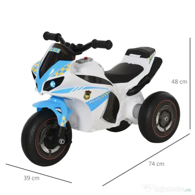 HOMCOM Motocicletă pentru Copii 18-36 Luni cu 3 Roți, Muzică și Faruri, 74x39x48 cm, Albastru Deschis | Aosom Romania