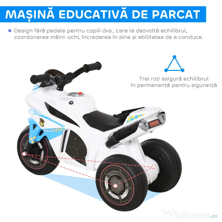 HOMCOM Motocicletă pentru Copii 18-36 Luni cu 3 Roți, Muzică și Faruri, 74x39x48 cm, Albastru Deschis | Aosom Romania