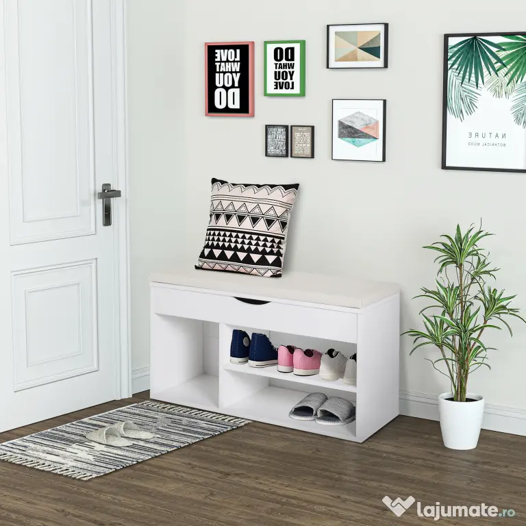 HOMCOM Dulap pentru Pantofi, Bancă cu Scaun Căptușit, Rabatabil, pentru Hol, 80x30x47 cm, Alb | Aosom Romania