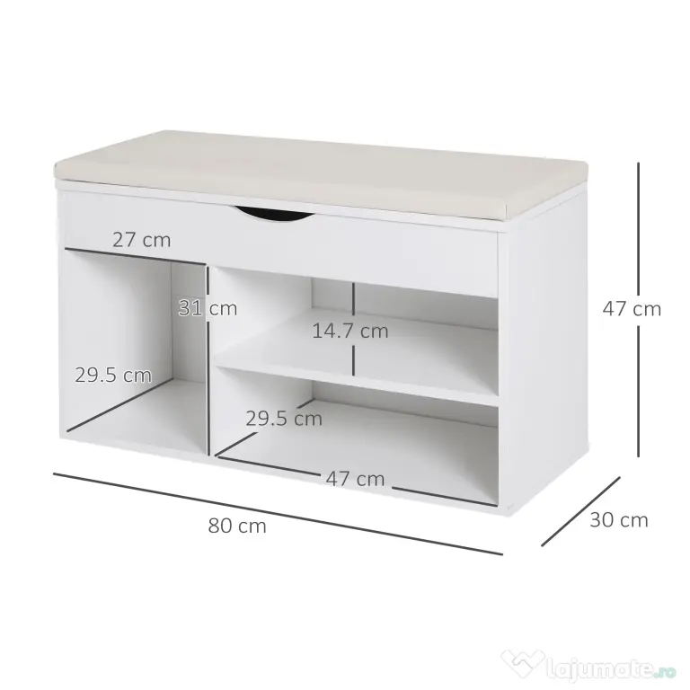 HOMCOM Dulap pentru Pantofi, Bancă cu Scaun Căptușit, Rabatabil, pentru Hol, 80x30x47 cm, Alb | Aosom Romania