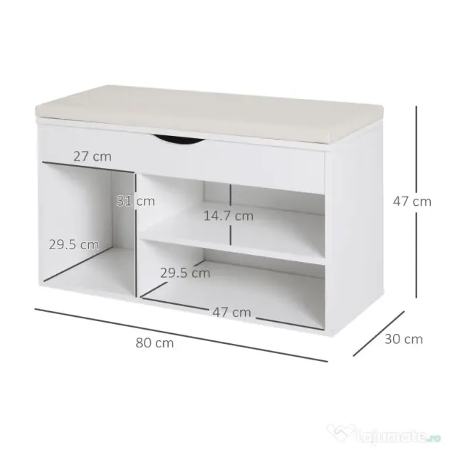 HOMCOM Dulap pentru Pantofi, Bancă cu Scaun Căptușit, Rabatabil, pentru Hol, 80x30x47 cm, Alb | Aosom Romania
