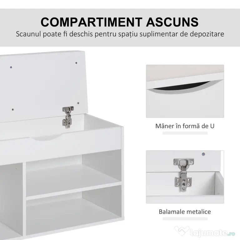HOMCOM Dulap pentru Pantofi, Bancă cu Scaun Căptușit, Rabatabil, pentru Hol, 80x30x47 cm, Alb | Aosom Romania