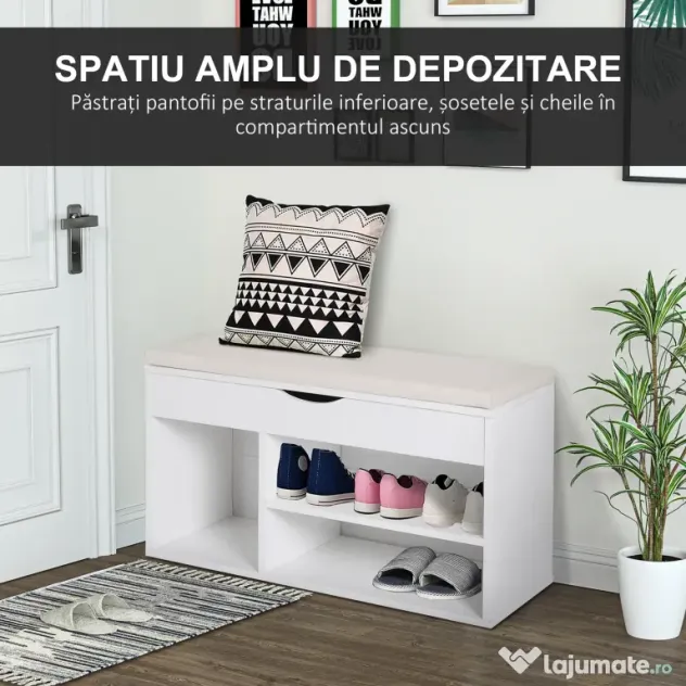 HOMCOM Dulap pentru Pantofi, Bancă cu Scaun Căptușit, Rabatabil, pentru Hol, 80x30x47 cm, Alb | Aosom Romania