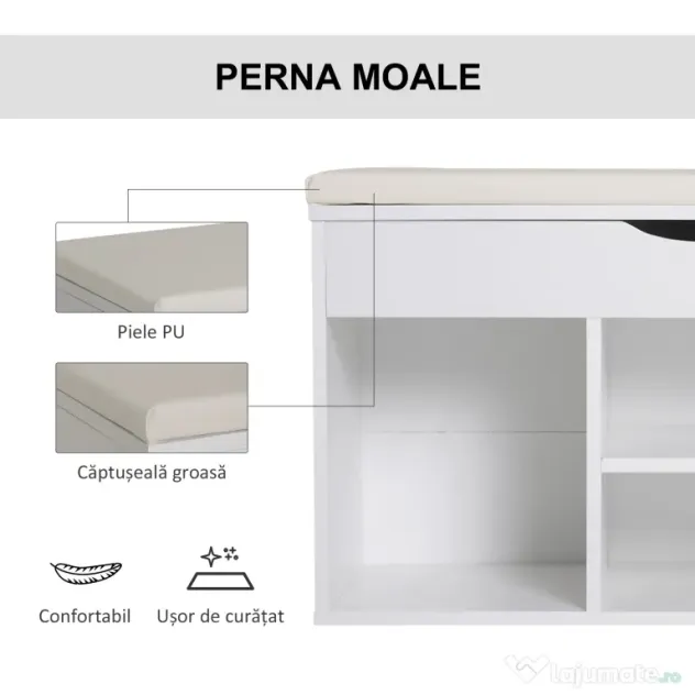 HOMCOM Dulap pentru Pantofi, Bancă cu Scaun Căptușit, Rabatabil, pentru Hol, 80x30x47 cm, Alb | Aosom Romania