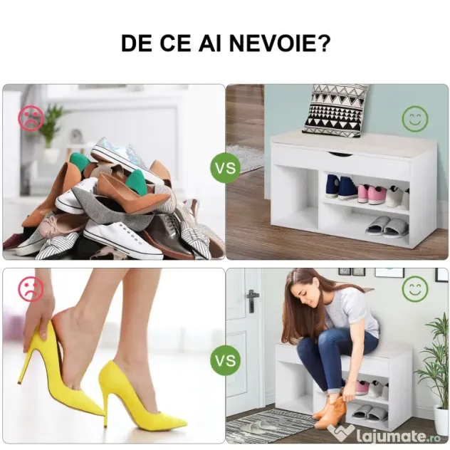 HOMCOM Dulap pentru Pantofi, Bancă cu Scaun Căptușit, Rabatabil, pentru Hol, 80x30x47 cm, Alb | Aosom Romania