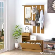 HOMCOM Mobilier Garderoba Dulap Pantofi Reglabil cu Oglinda si Cuier 6 carlige pentru Hol si Dormitor 90x22x116cm Lemn 