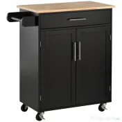 HOMCOM Cărucior de Bucătărie cu Sertar și Dulap cu 2 Uși, Insulă de Bucătărie cu roți și bară laterală, 83x45x91.5 cm, Negru | Aosom Romania 