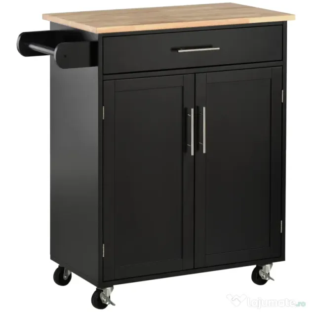 HOMCOM Cărucior de Bucătărie cu Sertar și Dulap cu 2 Uși, Insulă de Bucătărie cu roți și bară laterală, 83x45x91.5 cm, Negru | Aosom Romania