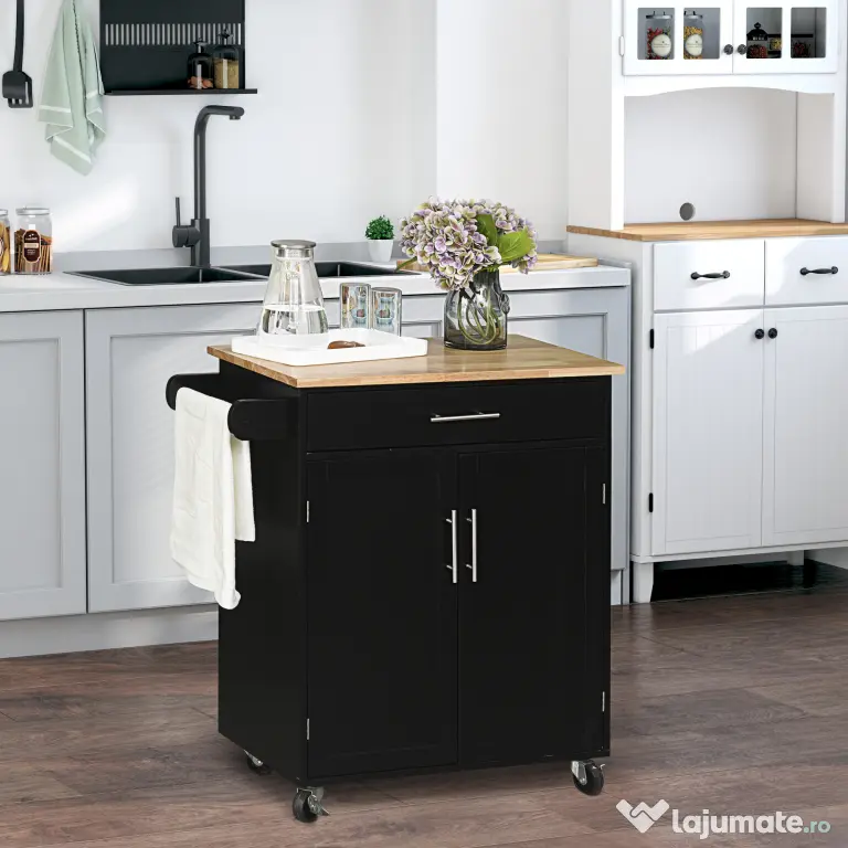 HOMCOM Cărucior de Bucătărie cu Sertar și Dulap cu 2 Uși, Insulă de Bucătărie cu roți și bară laterală, 83x45x91.5 cm, Negru | Aosom Romania