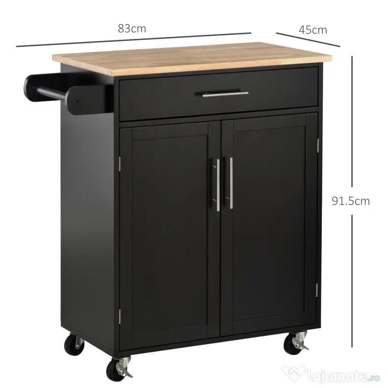 HOMCOM Cărucior de Bucătărie cu Sertar și Dulap cu 2 Uși, Insulă de Bucătărie cu roți și bară laterală, 83x45x91.5 cm, Negru | Aosom Romania