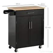 HOMCOM Cărucior de Bucătărie cu Sertar și Dulap cu 2 Uși, Insulă de Bucătărie cu roți și bară laterală, 83x45x91.5 cm, Negru | Aosom Romania 