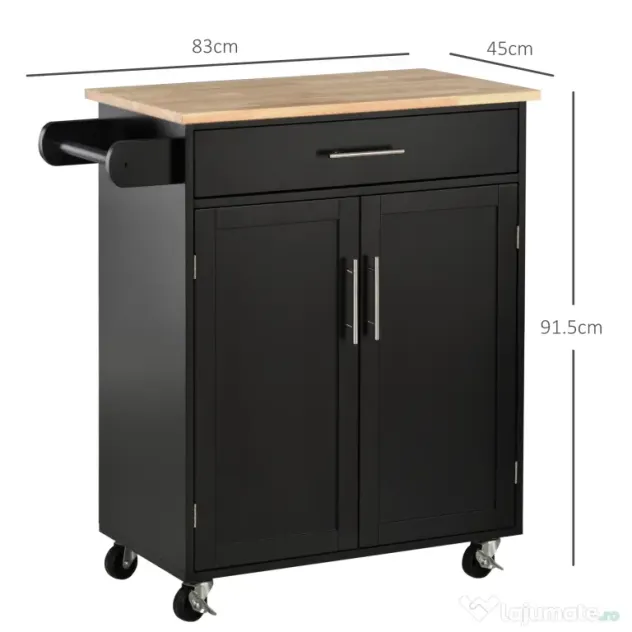 HOMCOM Cărucior de Bucătărie cu Sertar și Dulap cu 2 Uși, Insulă de Bucătărie cu roți și bară laterală, 83x45x91.5 cm, Negru | Aosom Romania