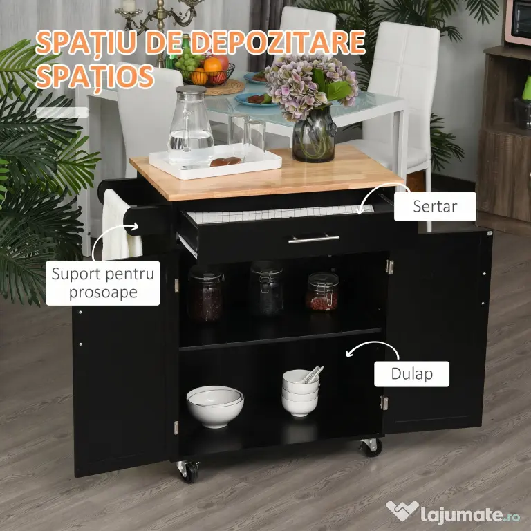 HOMCOM Cărucior de Bucătărie cu Sertar și Dulap cu 2 Uși, Insulă de Bucătărie cu roți și bară laterală, 83x45x91.5 cm, Negru | Aosom Romania