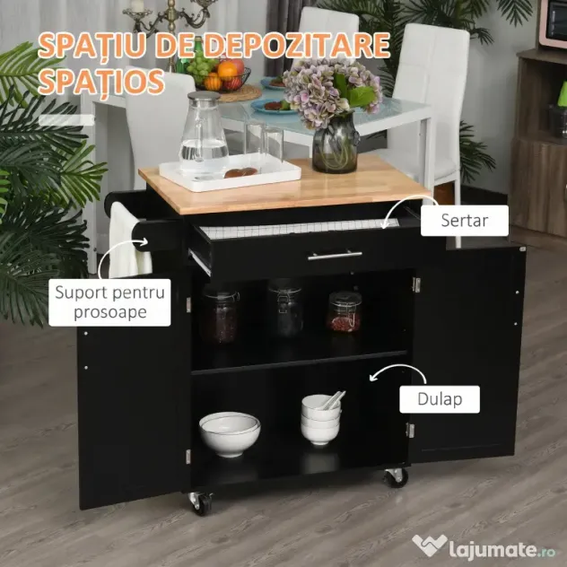 HOMCOM Cărucior de Bucătărie cu Sertar și Dulap cu 2 Uși, Insulă de Bucătărie cu roți și bară laterală, 83x45x91.5 cm, Negru | Aosom Romania