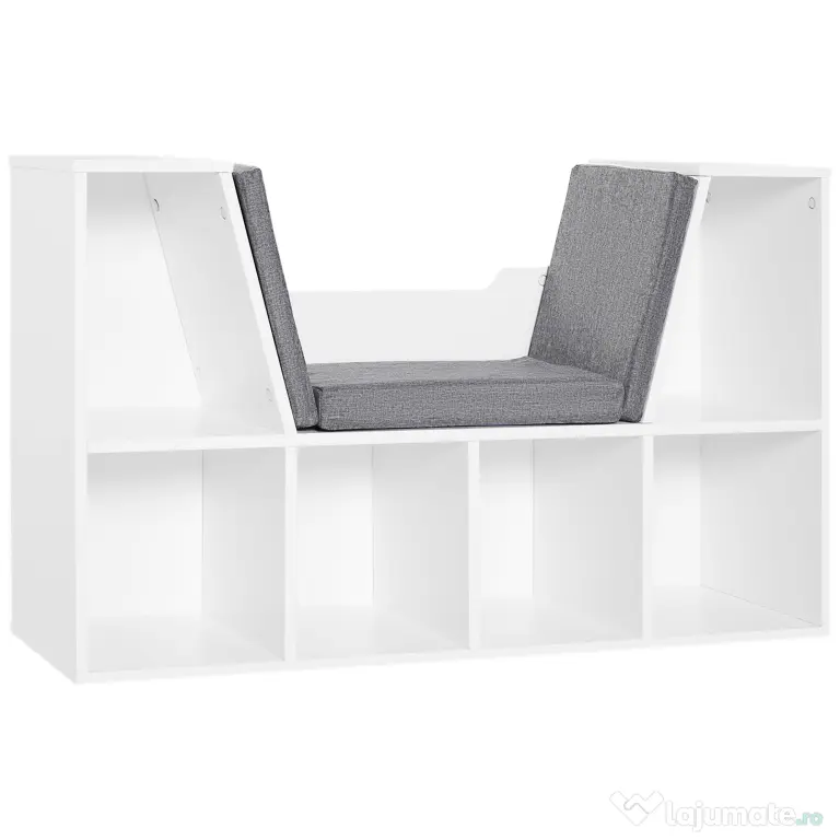 HOMCOM Bibliotecă 2 în 1 cu Perne Confortabile și 6 Compartimente, Mobilier Multifuncțional pentru Cărți și Jocuri, Raft cu 6 Cuburi pentru Sufragerie, Dormitor și Birou, 102x30x61 cm, Alb | Aosom Romania