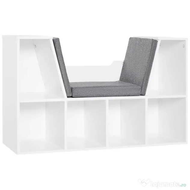 HOMCOM Bibliotecă 2 în 1 cu Perne Confortabile și 6 Compartimente, Mobilier Multifuncțional pentru Cărți și Jocuri, Raft cu 6 Cuburi pentru Sufragerie, Dormitor și Birou, 102x30x61 cm, Alb | Aosom Romania