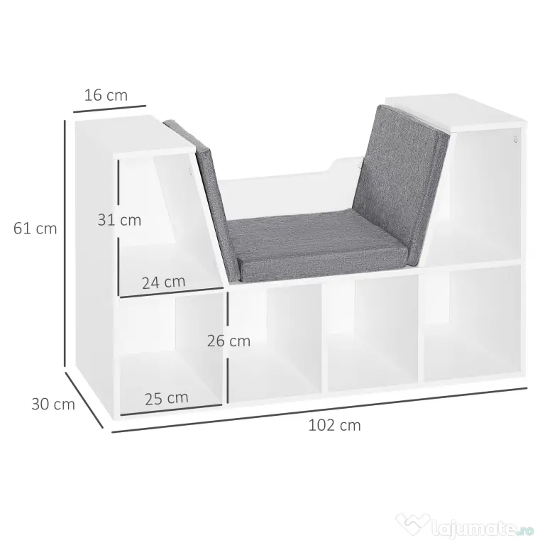HOMCOM Bibliotecă 2 în 1 cu Perne Confortabile și 6 Compartimente, Mobilier Multifuncțional pentru Cărți și Jocuri, Raft cu 6 Cuburi pentru Sufragerie, Dormitor și Birou, 102x30x61 cm, Alb | Aosom Romania