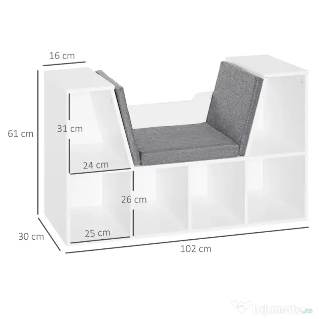 HOMCOM Bibliotecă 2 în 1 cu Perne Confortabile și 6 Compartimente, Mobilier Multifuncțional pentru Cărți și Jocuri, Raft cu 6 Cuburi pentru Sufragerie, Dormitor și Birou, 102x30x61 cm, Alb | Aosom Romania