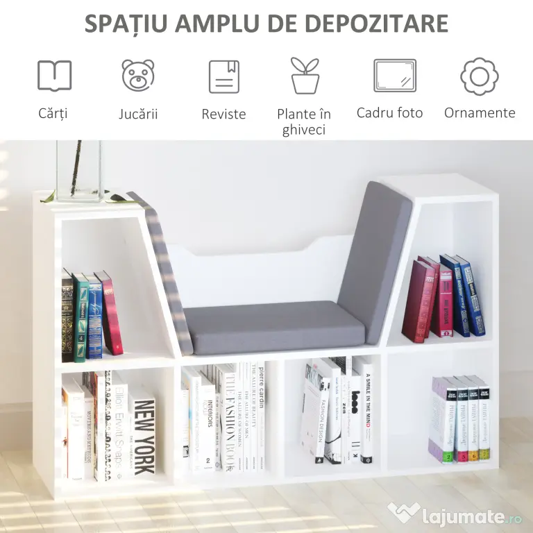 HOMCOM Bibliotecă 2 în 1 cu Perne Confortabile și 6 Compartimente, Mobilier Multifuncțional pentru Cărți și Jocuri, Raft cu 6 Cuburi pentru Sufragerie, Dormitor și Birou, 102x30x61 cm, Alb | Aosom Romania