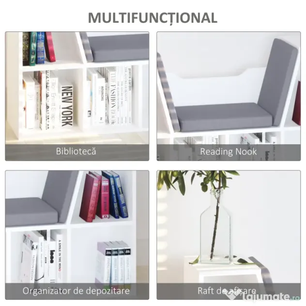 HOMCOM Bibliotecă 2 în 1 cu Perne Confortabile și 6 Compartimente, Mobilier Multifuncțional pentru Cărți și Jocuri, Raft cu 6 Cuburi pentru Sufragerie, Dormitor și Birou, 102x30x61 cm, Alb | Aosom Romania