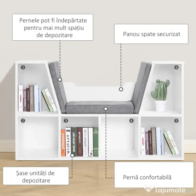 HOMCOM Bibliotecă 2 în 1 cu Perne Confortabile și 6 Compartimente, Mobilier Multifuncțional pentru Cărți și Jocuri, Raft cu 6 Cuburi pentru Sufragerie, Dormitor și Birou, 102x30x61 cm, Alb | Aosom Romania