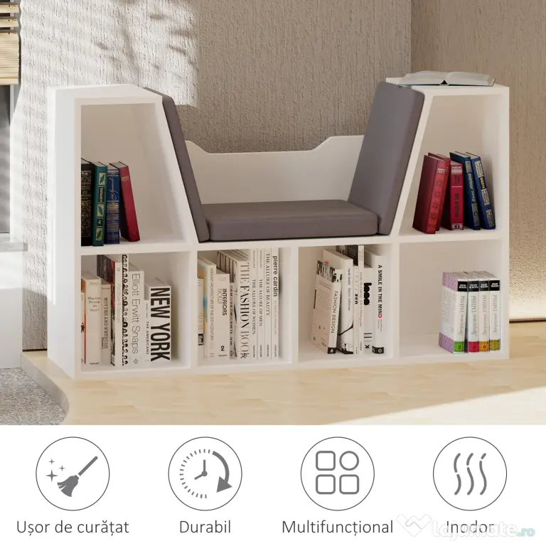 HOMCOM Bibliotecă 2 în 1 cu Perne Confortabile și 6 Compartimente, Mobilier Multifuncțional pentru Cărți și Jocuri, Raft cu 6 Cuburi pentru Sufragerie, Dormitor și Birou, 102x30x61 cm, Alb | Aosom Romania