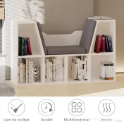 HOMCOM Bibliotecă 2 în 1 cu Perne Confortabile și 6 Compartimente, Mobilier Multifuncțional pentru Cărți și Jocuri, Raft cu 6 Cuburi pentru Sufragerie, Dormitor și Birou, 102x30x61 cm, Alb | Aosom Romania 