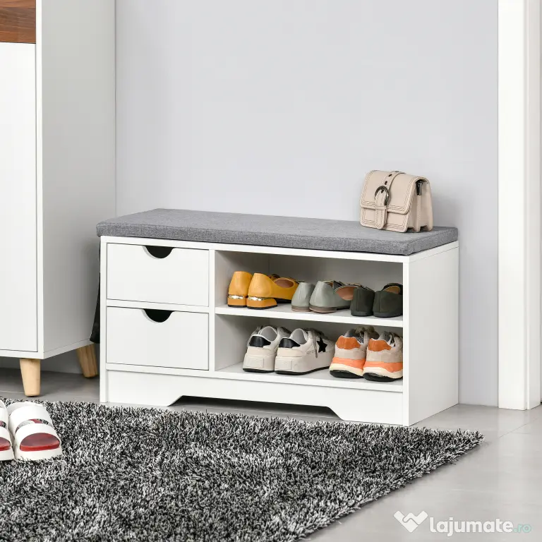 Banchetă Pantofar Compactă HOMCOM, Bancă Depozitare din Lemn pentru 4 Perechi Pantofi, Design Modern, Alb | Aosom Romania