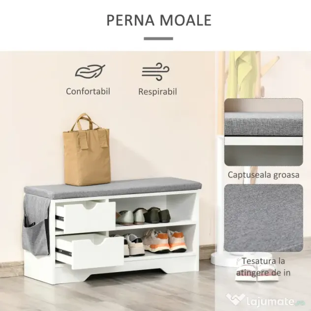 Banchetă Pantofar Compactă HOMCOM, Bancă Depozitare din Lemn pentru 4 Perechi Pantofi, Design Modern, Alb | Aosom Romania