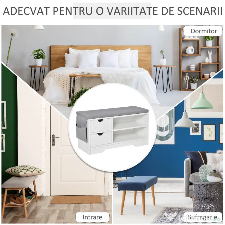 Banchetă Pantofar Compactă HOMCOM, Bancă Depozitare din Lemn pentru 4 Perechi Pantofi, Design Modern, Alb | Aosom Romania