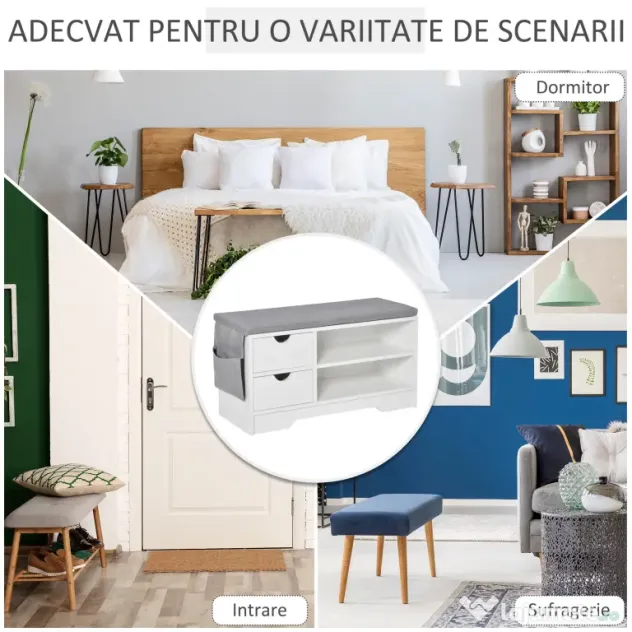 Banchetă Pantofar Compactă HOMCOM, Bancă Depozitare din Lemn pentru 4 Perechi Pantofi, Design Modern, Alb | Aosom Romania