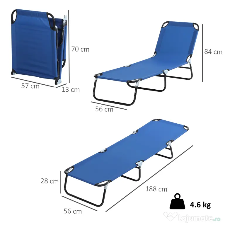 Outsunny Sezlong Pliabil de Gradina cu Spatar Ajustabil 5 Pozitii din Otel si Tesatura Oxford 188x56x28 cm Albastru | Aosom Romania