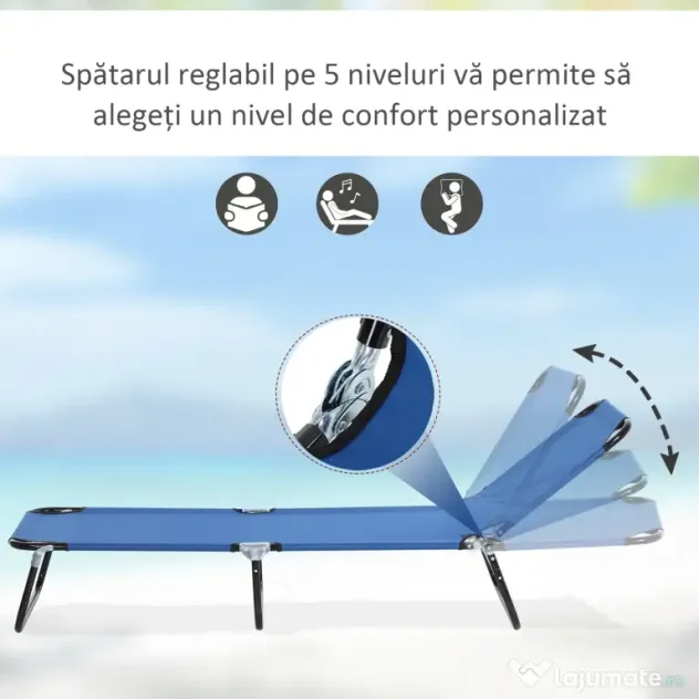 Outsunny Sezlong Pliabil de Gradina cu Spatar Ajustabil 5 Pozitii din Otel si Tesatura Oxford 188x56x28 cm Albastru | Aosom Romania