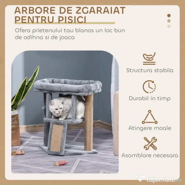 PawHut Ansamblu de Joacă de Sisal din Sisal și Pluș, Căsuță pentru Pisici și Pat, Gri | Aosom Romania